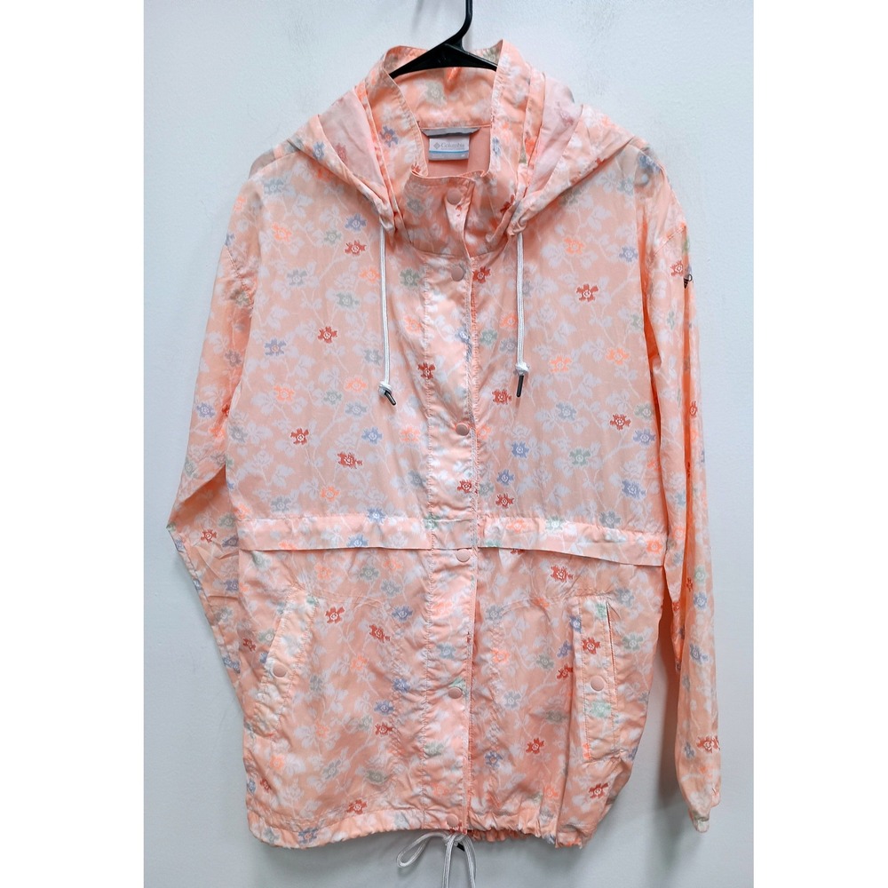Columbia Windbreaker Jacket Womens Medium Peach Floral Vented Hooded Full Snap